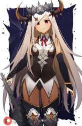 Rule 34 | 1girl, bare shoulders, blonde hair, collared shirt, crown, frown, gloves, hair ornament, hentaki, long hair, looking at viewer, original, panties, red eyes, revealing clothes, shirt, solo, straight hair, sword, tan, thighhighs, underwear, weapon, white hair