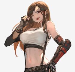 Rule 34 | 1girl, arm guards, bare shoulders, breasts, brown eyes, brown hair, commentary, earrings, elbow gloves, final fantasy, final fantasy vii, final fantasy vii remake, fingerless gloves, gloves, hand on own hip, highres, jewelry, lack, long hair, medium breasts, midriff, navel, one eye closed, open mouth, simple background, smile, solo, stomach, suspenders, tank top, tifa lockhart, white tank top
