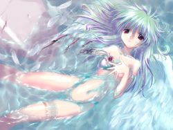Rule 34 | 1girl, android, angel, barcode, breasts, club maniax, covering privates, covering breasts, damaged, feathers, green hair, komatsu eiji, long hair, lying, mecha musume, mechanical parts, mechanical wings, no pussy, nude cover, on back, purple eyes, solo, wallpaper, water, wings