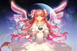 Rule 34 | 10s, 1girl, artist name, blonde hair, bow, dress, earth (planet), frills, gem, hair bow, highres, kaname madoka, long hair, looking at viewer, magical girl, mahou shoujo madoka magica, mahou shoujo madoka magica (anime), moon, pink hair, planet, ribbon, sangrde, solo, space, spoilers, transparent wings, two side up, ultimate madoka, very long hair, watermark, web address, white bow, white dress, yellow eyes