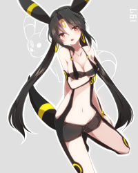 Rule 34 | 1girl, animal ears, black hair, blush, bracelet, breasts, collarbone, creatures (company), earrings, facial mark, female focus, forehead mark, game freak, gen 2 pokemon, head tilt, highres, jewelry, long hair, looking at viewer, medium breasts, midriff, navel, nintendo, open mouth, personification, pokedex number, pokemon, red eyes, short shorts, shorts, tail, takeshima eku, twintails, umbreon