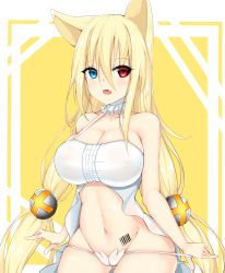 Rule 34 | 1girl, :d, alternate breast size, animal ears, babydoll, barcode, barcode tattoo, blonde hair, blue eyes, blush, breasts, chixiao, cleavage, collarbone, cowboy shot, crotch seam, fang, frills, g41 (girls&#039; frontline), girls&#039; frontline, hair between eyes, hair bobbles, hair ornament, heterochromia, highres, large breasts, lingerie, long hair, looking at viewer, low twintails, navel, open mouth, panties, panty pull, red eyes, smile, solo, tattoo, thighs, twintails, underwear, very long hair, white panties, yellow background