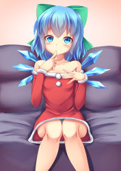 Rule 34 | 1girl, alternate costume, bare shoulders, blue eyes, blue hair, blue panties, bow, breasts, cirno, collarbone, commentary request, couch, dress, finger to mouth, hair bow, hand on own chest, highres, kirimori toya, knees together feet apart, legs together, looking at viewer, matching hair/eyes, off shoulder, panties, pantyshot, pink background, santa costume, santa dress, short dress, short hair, simple background, sitting, small breasts, solo, touhou, underwear, wings