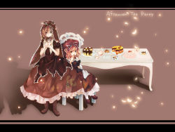 Rule 34 | 2girls, boots, cake, chair, cross-laced footwear, cup, dress, english text, female focus, food, frilled dress, frills, hair ribbon, heterochromia, kagiyama hina, lace-up boots, letterboxed, long dress, medicine melancholy, multiple girls, plate, red upholstery, ribbon, shadow, short sleeves, sitting, standing, sweets, table, teacup, teapot, touhou, yukiiri