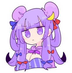 Rule 34 | 1girl, blue bow, blue ribbon, bow, breasts, capelet, cleavage, crescent, crescent hair ornament, crescent pin, double bun, dress, hair bun, hair ornament, long hair, no headwear, op na yarou, patchouli knowledge, purple bow, purple eyes, purple hair, red bow, red ribbon, ribbon, simple background, solo, striped clothes, striped dress, touhou, vertical-striped clothes, vertical-striped dress, very long hair, white background