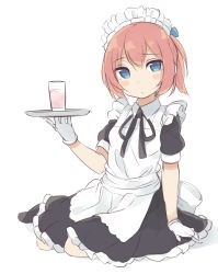 Rule 34 | 10s, 1girl, alternate costume, apron, bad id, bad pixiv id, blue eyes, blush stickers, cup, drinking glass, enmaided, gloves, highres, holding, kantai collection, light brown hair, looking at viewer, maid, maid apron, maid headdress, shiranui (kancolle), short hair, short sleeves, simple background, sitting, solo, totoki86, tray, white background, white gloves, yokozuwari