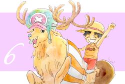 Rule 34 | 2boys, ^ ^, aged down, antlers, arm up, artist name, black eyes, black hair, blue headwear, blue nose, border, brown shorts, child, clenched hand, closed eyes, hanakotoba28, hat, highres, horns, letterboxed, looking at another, lying, male focus, monkey d. luffy, multiple boys, on back, one piece, orange shirt, outside border, pink background, pink headwear, red shorts, reindeer antlers, sandals, scar, scar on face, shirt, short hair, shorts, simple background, sleeveless, sleeveless shirt, smile, striped clothes, striped shirt, time paradox, tony tony chopper, two-tone headwear, white border