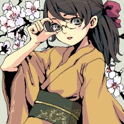 Rule 34 | adjusting eyewear, cherry blossoms, glasses, japanese clothes, kimono, kishida mel, lowres, oekaki, solo