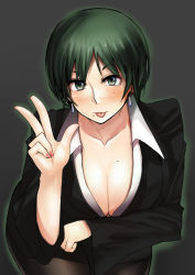Rule 34 | 1girl, ayakumo, bent over, blazer, blush, breasts, cleavage, collarbone, earrings, green eyes, green hair, jacket, jewelry, large breasts, matching hair/eyes, miniskirt, mole, mole on breast, mole under mouth, nail polish, original, shirt, short hair, skirt, solo, tongue, tongue out