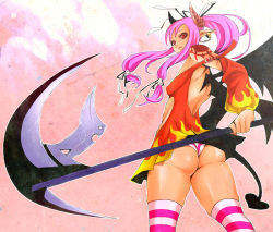 Rule 34 | ass, earrings, hdkg, horns, jewelry, pink hair, pointy ears, red eyes, scythe, solo, tattoo, thighhighs