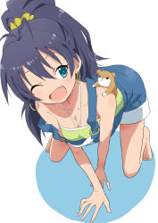 Rule 34 | 1girl, ;d, absurdres, all fours, animal, barefoot, black hair, blue eyes, breasts, cleavage, earrings, fang, full body, ganaha hibiki, hamster, highres, idolmaster, idolmaster (classic), jewelry, long hair, medium breasts, one eye closed, open mouth, overalls, ponytail, smile, solo, yamamoto souichirou