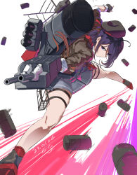 Rule 34 | 1girl, absurdres, adapted turret, ariake (kancolle), black hair, black hat, cannon, dated, depth charge, fingerless gloves, gegeron, gloves, grey skirt, hair over one eye, hat, highres, jacket, kantai collection, long hair, long sleeves, low ponytail, machinery, necktie, pleated skirt, purple eyes, purple hair, red necktie, rigging, shirt, signature, skirt, smokestack, solo, torpedo, torpedo launcher, torpedo tubes, turret