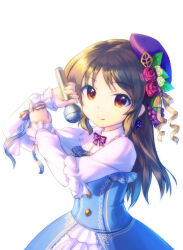 Rule 34 | 1girl, beret, black hair, blue dress, bow, bowtie, brown eyes, dress, earrings, finger ribbon, flower, food, food-themed earrings, fruit, grapes, hair ornament, hands up, hat, holding, holding microphone, idolmaster, idolmaster cinderella girls, jewelry, kawaseki, long hair, long sleeves, looking at viewer, microphone, pinky out, purple hat, ribbon, rose, simple background, smile, solo, tachibana arisu, tilted headwear, white background