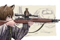 Rule 34 | 1girl, aiming, animal ears, bird, brown eyes, brown hair, fox ears, fox girl, fox girl (yihan1949), gun, highres, holding, holding weapon, original, rifle, scope, sniper rifle, solo, weapon, yihan1949
