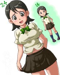 Rule 34 | 1girl, age comparison, black eyes, black hair, blue legwear, blush, brown hair, brown skirt, character age, dutch angle, hand on own hip, inazuma eleven, inazuma eleven (series), isu, kino aki, looking at viewer, lowres, midriff, navel, open mouth, school uniform, short hair, simple background, skirt, socks, undersized clothes, when you see it