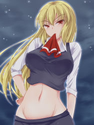 Rule 34 | 1girl, alternate hair length, alternate hairstyle, blonde hair, breasts, embodiment of scarlet devil, ex-rumia, female focus, groin, hand on own hip, highres, hip focus, large breasts, long hair, midriff, mouth hold, navel, negamaro, night, night sky, aged up, red eyes, rumia, sky, solo, touhou