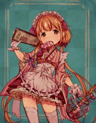 Rule 34 | 1girl, apron, bad id, bad pixiv id, blonde hair, blush, brown eyes, candy, checkered background, corsage, cowboy shot, flower, food, frilled apron, frilled sleeves, frills, futaba anzu, gloves, hair flower, hair ornament, hair ribbon, heart, highres, holding, holding jar, holding menu, idolmaster, idolmaster cinderella girls, japanese clothes, jar, kimono, layered skirt, lollipop, long hair, looking at viewer, low twintails, maid, maid apron, maid headdress, menu, mouth hold, ribbon, short kimono, skirt, solo, striped clothes, striped kimono, sweatdrop, swirl lollipop, tamaext, thighhighs, twintails, wa maid, waist apron, waitress, white apron, white thighhighs, wide sleeves