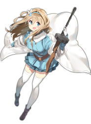 Rule 34 | 1girl, belt, belt buckle, blonde hair, blue eyes, blue hairband, blush, boots, breasts, buckle, coat, full body, girls&#039; frontline, gloves, gun, hair between eyes, hair ornament, hairband, highres, holding, holding gun, holding weapon, long hair, long sleeves, looking at viewer, medium breasts, open mouth, simple background, skirt, smile, snowflake hair ornament, solo, standing, submachine gun, suomi (girls&#039; frontline), suomi kp/-31, thighhighs, twin (tt lsh), weapon, white background, white gloves, white thighhighs