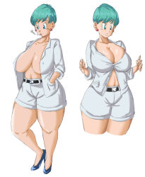 Rule 34 | 1girl, belt, blue eyes, breasts, bulma, cigarette, cleavage, cowboy shot, dragon ball, dragonball z, earrings, full body, green hair, hands in pockets, high heels, highres, huge breasts, jewelry, open clothes, open shirt, panarandom, shirt, shorts, smoking, solo, standing, white shirt, white shorts