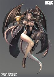 Rule 34 | 1girl, asymmetrical legwear, bare shoulders, black thighhighs, bracelet, braid, breasts, brown eyes, brown hair, chalice, circlet, claws, cleavage, copyright name, covered navel, cup, destiny child, dragon, dragon horns, dragon tail, full body, grey background, hair bun, hands up, highres, horns, jchoy, jewelry, large breasts, looking at viewer, shoes, simple background, single hair bun, solo, tail, thighhighs, torn clothes, torn thighhighs, uneven legwear, wide sleeves