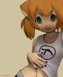 Rule 34 | 1girl, @ @, animal ears, aphex twin, black nails, blush, cat ears, cat girl, collarbone, fang, green eyes, hair bobbles, hair ornament, looking at viewer, nail polish, navel, open mouth, orange hair, original, short hair, short twintails, simple background, smile, solo, twintails, upper body, zoolpal