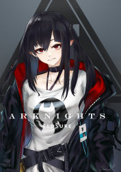 Rule 34 | 1girl, absurdres, arknights, belt, black belt, black choker, black hair, black jacket, bwcloud, character name, choker, closure (arknights), commentary request, copyright name, grey background, grin, hair between eyes, halterneck, highres, jacket, long hair, looking at viewer, open clothes, open jacket, pointy ears, red eyes, shirt, smile, solo, t-shirt, upper body, white shirt