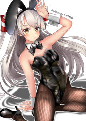 Rule 34 | 1girl, absurdres, alternate costume, amatsukaze (kancolle), animal ears, black bow, black bowtie, black footwear, black leotard, black pantyhose, bow, bowtie, breasts, brown eyes, detached collar, fake animal ears, fishnet pantyhose, fishnets, hair tubes, high heels, highleg, highleg leotard, highres, himura moritaka, kantai collection, leotard, long hair, pantyhose, playboy bunny, rabbit ears, silver hair, small breasts, solo, strapless, strapless leotard, two side up, wrist cuffs
