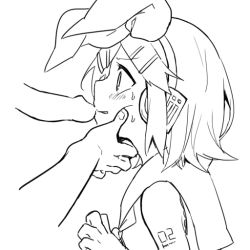 Rule 34 | 1boy, 1girl, arm tattoo, blush, bow, cheek squash, clenched teeth, face grab, grabbing another&#039;s chin, greyscale, hair bow, hair ornament, hairclip, hand on another&#039;s chin, headphones, headset, imminent fellatio, kagamine rin, lineart, monochrome, nervous, number tattoo, penis, penis on face, pouty lips, profile, reki (arequa), sailor collar, shirt, short hair, sketch, sleeveless, sleeveless shirt, sweat, sweatdrop, tattoo, teeth, vocaloid, wavy eyebrows