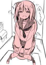 Rule 34 | 1girl, bathroom, blush, collarbone, drooling, from above, hair bobbles, hair ornament, highres, long sleeves, monochrome, neckerchief, open mouth, panties, panty pull, peeing, ponytail, school uniform, shirt, shoes, short hair, side ponytail, sitting, skirt, smile, socks, toilet, toilet paper, toilet use, trembling, underwear
