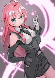 Rule 34 | 1girl, :3, absurdres, ahoge, bare shoulders, belt, black dress, black necktie, blue eyes, blush, breasts, closed mouth, commentary request, copyright request, cowboy shot, dress, gloves, hand on own hip, hand up, highres, index finger raised, long hair, long sleeves, looking at viewer, medium breasts, necktie, pink hair, saruchitan, smile, solo, upper body, white gloves