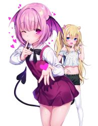 Rule 34 | 2girls, absurdres, animal ears, black ribbon, black shorts, blonde hair, blue eyes, blush, collared shirt, cover image, crop top, demon tail, dress, fang, finger to mouth, hair intakes, hand on own hip, head wings, heart, highres, index finger raised, komeshiro kasu, leaning forward, long sleeves, looking at viewer, multiple girls, navel, neck ribbon, novel illustration, official art, one eye closed, open mouth, pinafore dress, pink hair, pleated dress, red dress, red eyes, ribbon, ryuuou no yogore shigoto!, shirt, short hair, short shorts, shorts, simple background, sleeveless, sleeveless dress, standing, tail, textless version, thighhighs, twintails, white background, white legwear, white shirt, wing collar, wings