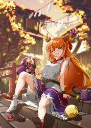 Rule 34 | 1girl, absurdres, autumn leaves, bow, brown horns, chain, commentary request, cube, full body, gourd, hair bow, highres, horn bow, horn ornament, horns, ibuki suika, long hair, looking at viewer, medium bangs, orange eyes, orb, outdoors, purple bow, purple skirt, railing, red bow, ribbon-trimmed skirt, ribbon trim, schnuz, shide, shirt, shoes, single shoe, sitting, sitting on stairs, skirt, sleeveless, sleeveless shirt, smile, socks, solo, stairs, touhou, very long hair, white shirt, white socks