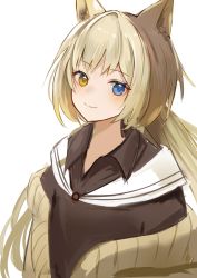 Rule 34 | 1girl, animal ears, arknights, azuazu 0405, blonde hair, blue eyes, cardigan, cat ears, cat girl, collared shirt, heterochromia, highres, light blush, long hair, looking at viewer, nightmare (arknights), off shoulder, open cardigan, open clothes, shirt, simple background, smile, solo, upper body, white background, yellow cardigan, yellow eyes