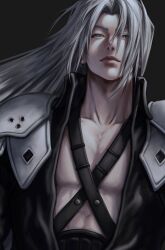 Rule 34 | 1boy, aqua eyes, armor, black background, black coat, chest strap, closed mouth, coat, collarbone, final fantasy, final fantasy vii, final fantasy vii remake, grey hair, half-closed eyes, highres, hxxnuat, long bangs, long hair, male focus, parted bangs, sephiroth, shoulder armor, slit pupils, solo, upper body