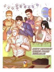 Rule 34 | !, 2girls, 4boys, annie leonhart, armored titan, balloon, bertolt hoover, birthday cake, birthday party, black hair, blonde hair, blush, brown hair, cake, character cake, character name, confetti, couch, crossed legs, dated, dress, english text, food, gift, happy birthday, hat, highres, holding, holding gift, long hair, long sleeves, marcel galliard, multiple boys, multiple girls, ohyay342, on couch, open mouth, party hat, pieck finger, pizza, porco galliard, reiner braun, shingeki no kyojin, short hair, sitting, sleeveless, sleeveless dress, smile, spoken exclamation mark, surprised, titan (shingeki no kyojin)