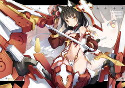 Rule 34 | 1girl, :3, absurdres, animal ears, armor, armored boots, bare shoulders, black hair, blunt bangs, boots, breasts, brown gloves, cat ears, cleavage, closed mouth, commentary request, covered navel, cross, detached sleeves, floating hair, gloves, groin, halterneck, head tilt, headgear, highleg, highleg panties, highres, holding, holding weapon, huge weapon, keyhole, latin cross, letterboxed, long hair, looking at viewer, machinery, medium breasts, navel, orange eyes, original, panties, red footwear, revealing clothes, sidelocks, smile, solo, standing, stomach, thigh boots, thigh gap, thighhighs, tsurime, two-handed, underwear, weapon, white panties, white thighhighs, zelitto, zoom layer