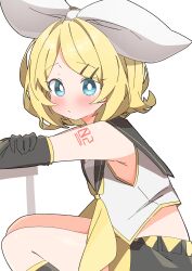 Rule 34 | 1girl, absurdres, arm tattoo, black gloves, black sailor collar, black shorts, blonde hair, blue eyes, blush, bow, bright pupils, commentary, detached sleeves, expressionless, from side, gloves, hair bow, hair ornament, hair ribbon, hairclip, highres, kagamine rin, knees, looking at viewer, neckerchief, ribbon, sailor collar, shirt, short hair, shorts, simple background, sitting, solo, tattoo, thighs, uruti 2388, vocaloid, white background, white bow, white pupils, white shirt, yellow neckerchief