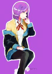 Rule 34 | 10s, 1girl, alternate hair length, alternate hairstyle, artist name, bad id, bad pixiv id, black eyes, black pantyhose, blazer, blue skirt, bow, bowtie, cardigan, closed mouth, collared shirt, emoticon, gj-bu, highres, ihihaa, jacket, long sleeves, looking at viewer, off shoulder, open clothes, open jacket, outline, pantyhose, pleated skirt, profile, purple background, purple hair, school uniform, shirt, short hair, sideways mouth, simple background, sitting, skirt, smile, solo, striped bow, striped bowtie, striped clothes, striped neckwear, sumeragi shion, upper body, white shirt, wing collar