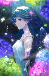 Rule 34 | 1girl, bad id, bad pixiv id, black hair, blue flower, blue hair, brown eyes, dress, floating hair, flower, from side, green flower, highres, hydrangea, long hair, looking at viewer, looking to the side, mole, mole under eye, multicolored hair, original, pabo, pink flower, purple flower, sleeveless, sleeveless dress, solo, sundress, two-tone hair, very long hair, white dress