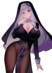 Rule 34 | 1girl, :o, absurdres, alternate breast size, arknights, black dress, breasts, cleavage, cleavage cutout, clothing cutout, covered navel, dress, hair between eyes, highres, huge breasts, kurokuroooi, leaning to the side, long hair, long sleeves, looking at viewer, mole, mole under mouth, nun, open mouth, pubic tattoo, red eyes, simple background, solo, specter (arknights), tattoo, veil, white background, white hair, wide hips