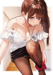 Rule 34 | 1girl, absurdres, armpit crease, artist request, bare arms, bare shoulders, black skirt, blue eyes, blurry, blurry background, border, breasts, brown hair, brown pantyhose, cheon soyeong (cheonbi), cleavage, collarbone, commentary request, commission, floral print, foot out of frame, frilled shirt, frills, furrowed brow, hair between eyes, hair intakes, highres, id card, korean commentary, lanyard, leaning forward, leg up, long hair, looking at viewer, medium breasts, miniskirt, off-shoulder shirt, off shoulder, original, outside border, panties, panties around one ankle, panty pull, pantyhose, parted lips, pencil skirt, ponytail, print panties, red panties, second-party source, shirt, skirt, solo, standing, standing on one leg, underwear, undressing, upskirt, white border, white shirt