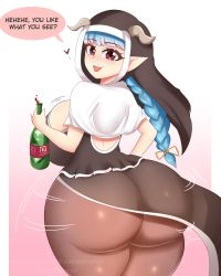 Rule 34 | 1girl, absurdres, alcohol, ass, ass shake, blue hair, blush, braid, breasts, draph, english text, granblue fantasy, heart, highres, horns, huge ass, huge breasts, lamretta, long hair, looking at viewer, looking back, motion lines, pointy ears, red eyes, smile, solo, speech bubble, startop, thick thighs, thighs, veil, wide hips