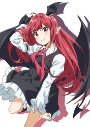 Rule 34 | 1girl, arm up, bat wings, black skirt, black vest, breasts, closed mouth, commentary request, drop shadow, feet out of frame, gyouza (mhea5724), head wings, highres, koakuma, light blush, medium breasts, necktie, petticoat, red eyes, red hair, red necktie, simple background, skirt, skirt set, smile, solo, touhou, vest, white background, wings