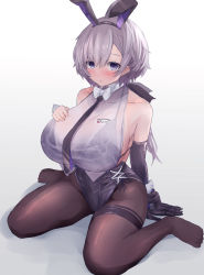 Rule 34 | 1girl, animal ears, azur lane, backless leotard, bare shoulders, barefoot, black pantyhose, blouse, bra strap, bra visible through clothes, breasts, elbow gloves, fake animal ears, gloves, hand on own chest, highres, huge breasts, leotard, looking at viewer, necktie, official alternate costume, pantyhose, playboy bunny, purple eyes, rabbit ears, reno (azur lane), reno (reno bunnino) (azur lane), ribbon, see-through, see-through shirt, shirt, short hair, sideboob, silver hair, simple background, sitting, sleeveless, sleeveless shirt, solo, thigh strap, white background, wrist cuffs, yuuki shuri