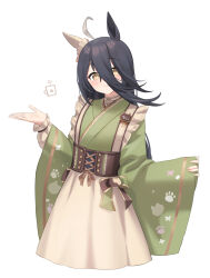 Rule 34 | 1girl, animal ears, apron, black hair, closed mouth, corset, cropped torso, cup, green kimono, hair between eyes, hands up, highres, horse ears, japanese clothes, katuko deluxe, kimono, light blush, long hair, long sleeves, looking at viewer, manhattan cafe (umamusume), manhattan cafe (verdant night) (umamusume), multicolored hair, name tag, shirt, simple background, smile, solo, streaked hair, umamusume, upper body, waist apron, white background, white shirt, wide sleeves, yellow eyes