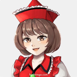 Rule 34 | 1girl, blouse, blush, brown eyes, brown hair, close-up, commentary request, happy, hat, hoshiringo0902, looking at viewer, open mouth, pointy hat, red hat, red vest, shirt, simple background, solo, touhou, upper body, vest, white background, white shirt