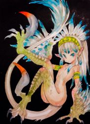 Rule 34 | 1girl, armband, ass, black background, blue eyes, blue hair, claws, dinosaur girl, dinosaur tail, feathers, full body, gradient hair, headband, highres, inoe, looking at viewer, matching hair/eyes, monster girl, multicolored hair, navel, nude, original, painting (medium), personification, pointy ears, scales, sidelocks, solo, tail, traditional media, velociraptor, watercolor (medium), white hair
