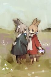 Rule 34 | 2girls, :o, absurdres, animal ears, basket, blue eyes, bow, bowtie, brown hair, commentary request, dress, field, flower, full body, grey sky, highres, holding, holding basket, holding flower, looking at another, multiple girls, original, outdoors, partial commentary, purple flower, rabbit ears, rabbit girl, red dress, red eyes, shirokujira, short hair, signature, sky, two side up, white bow, white bowtie