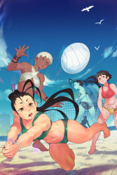 Rule 34 | 3girls, afterimage, antenna hair, ass, bad id, bad twitter id, ball, bangle, barefoot, beach, beach volleyball, bikini, black hair, blue eyes, blue sky, bracelet, breasts, brown eyes, capcom, commentary, criss-cross halter, dark-skinned female, dark skin, day, earrings, elena (street fighter), english commentary, gold earrings, green one-piece swimsuit, grey hair, halterneck, highres, hoop earrings, ibuki (street fighter), jewelry, jumping, long hair, makoto (street fighter), mismatched bikini, motion lines, multiple girls, norasuko, ocean, one-piece swimsuit, outdoors, playing sports, ponytail, red bikini, short hair, sky, small breasts, sports bikini, street fighter, street fighter iii (series), swimsuit, underboob, very dark skin, volleyball, volleyball (object), volleyball net, white one-piece swimsuit