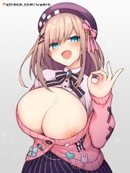 Rule 34 | 1girl, :d, blue eyes, blush, bow, breasts, brooch, brown hair, cardigan, center frills, cleavage, frills, hair bow, hair ornament, hat pin, jewelry, large breasts, long sleeves, looking at viewer, medium hair, nijisanji, nipple slip, nipples, no bra, ok sign, open mouth, pink bow, pink cardigan, shirt, simple background, skirt, smile, solo, striped bow, striped clothes, striped skirt, suzuhara lulu, upper body, vertical-striped clothes, vertical-striped skirt, virtual youtuber, waero, watermark, web address, white shirt, x hair ornament